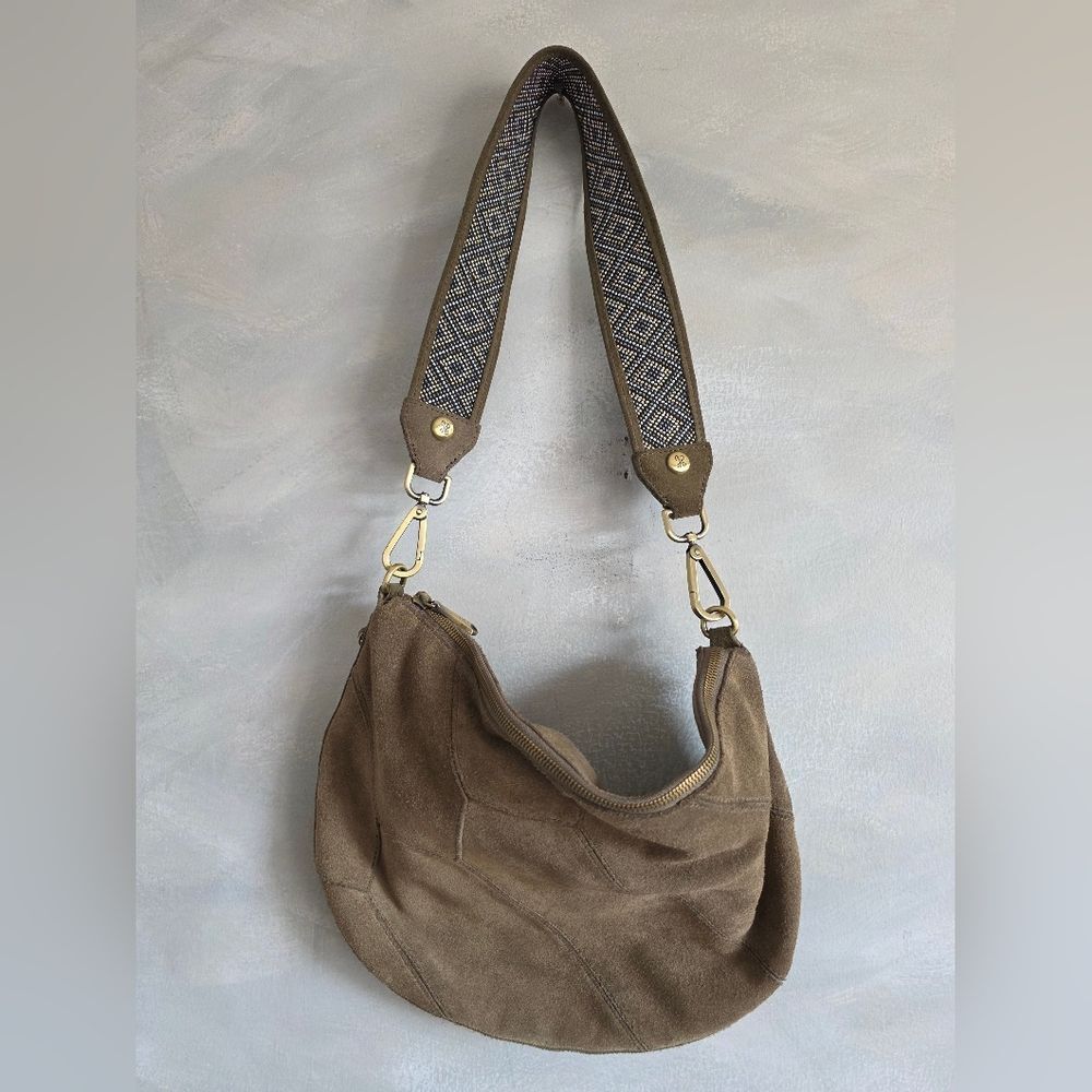 Taupe Green Suede Leather Bead Embellish Strap Geometric Hobo International Bag